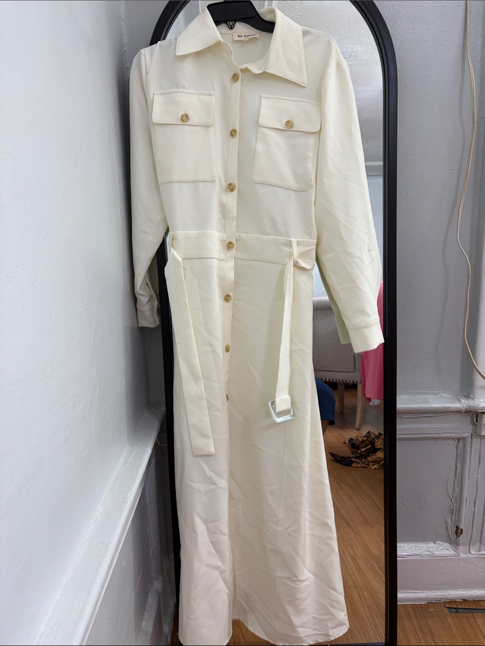 Long Sleeve Cream Belted Shirt Dress